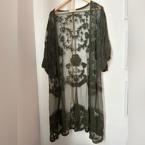 Lace Cardigan Floral Crochet Sheer Beach Cover Ups Long in khaki green